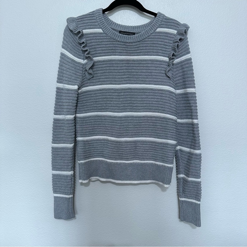 Banana Republic Gray and White Striped Ruffle Shoulder Sweater